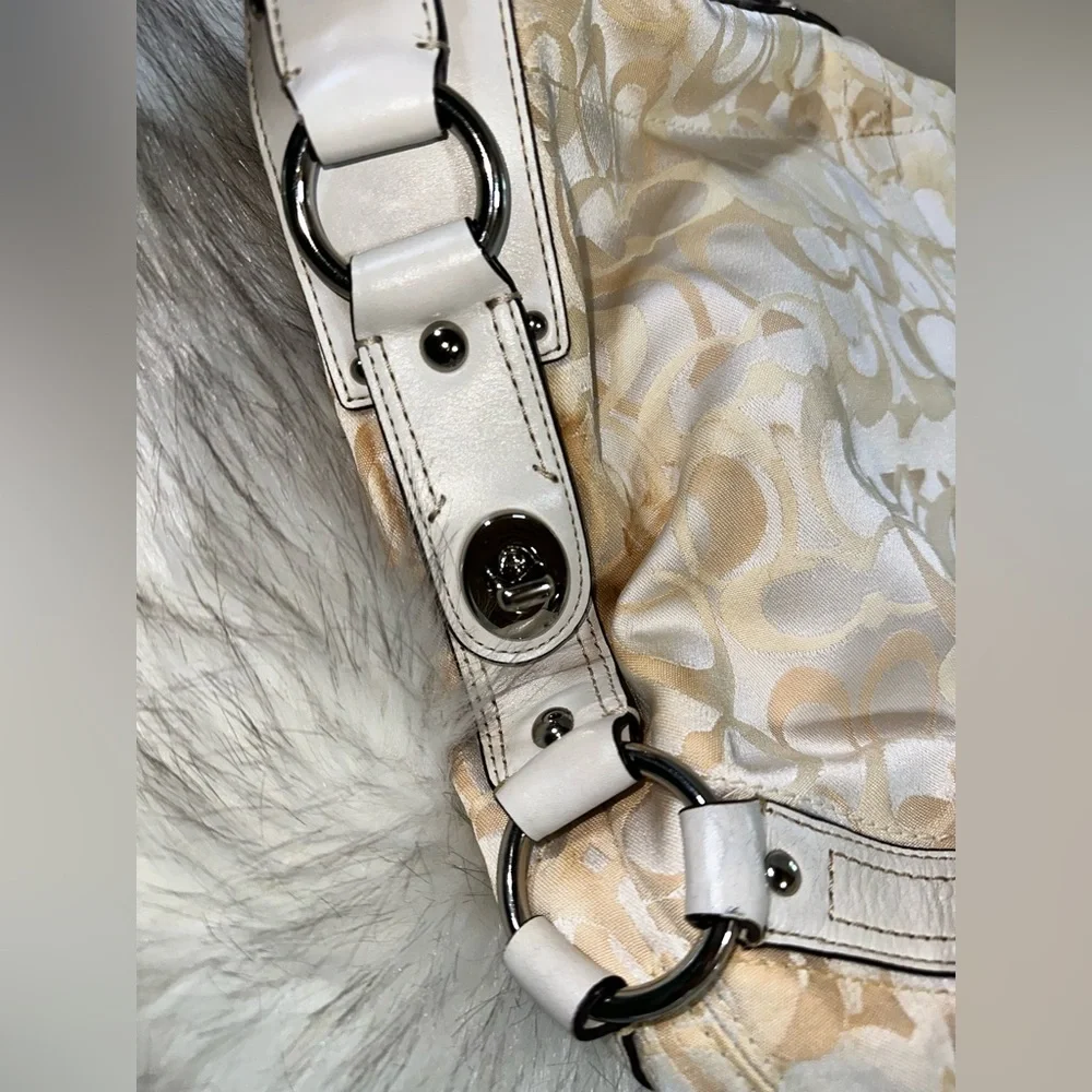 COACH Pearl White + Beige Canvas and Leather Carly Hobo Bag No H09873-F13981 - Picture 12 of 16